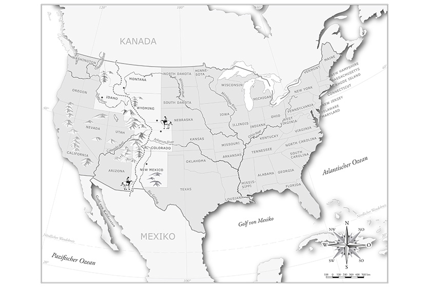 USA-Karte für die Abenteuerreiter Buchvorsatz